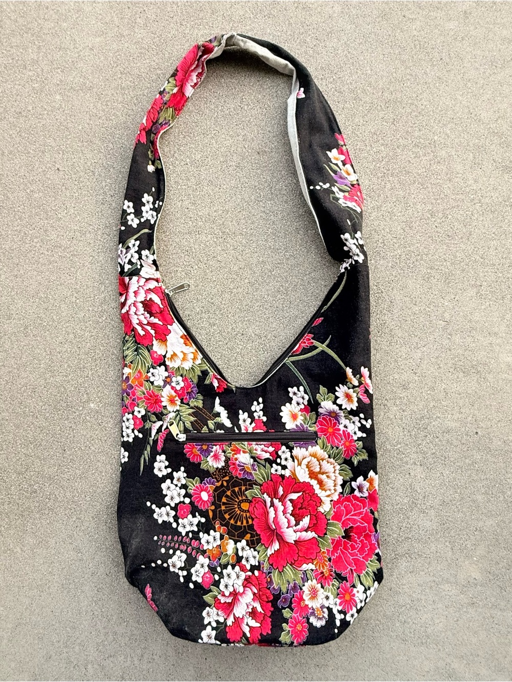 Floral Black Sling Bag with Pink Accent
